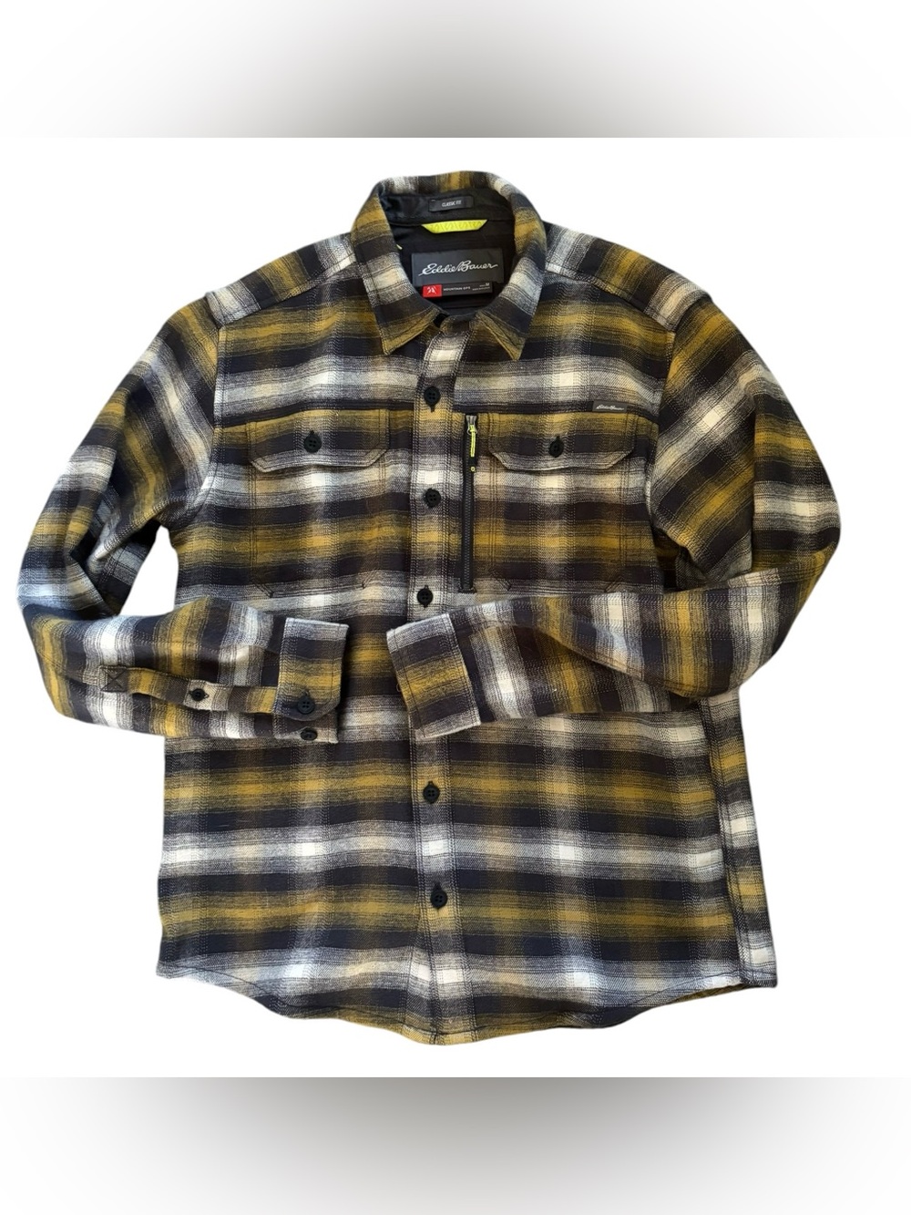 Eddie Bauer Mountain Ops Classic Fit Flannel Jacket Shacket Sz M Gold Charcoal